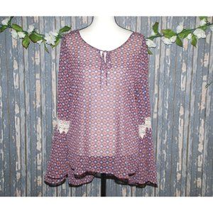 Como Vintage Ladies Blouse Top Size XL Lace Sheer Bell Long Sleeve Key Hole Neck